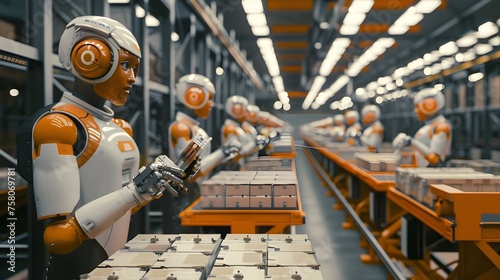 A group of industrial robots stands in a row within a factory or warehouse, each holding a box of some product. futuristic artificial intelligence humanoid robots working in factory