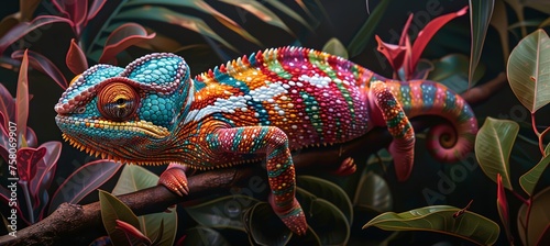 A colorful chameleon with its head tilted forward, sitting on the branch of an exotic plant in a tropical rainforest. 