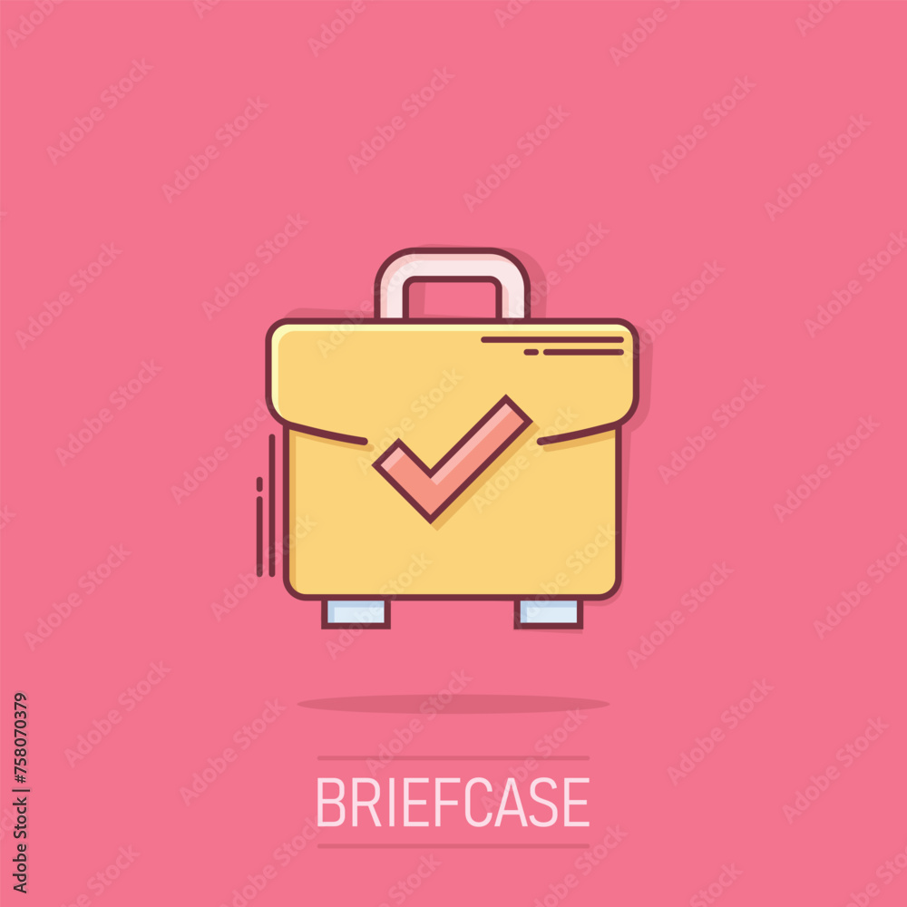 Briefcase accept icon in comic style. Portfolio approval cartoon vector illustration on isolated background. Confirm splash effect business concept. Briefcase accept icon in comic style. Portfolio approval cartoon vector illustration on isolated background. Confirm splash effect business concept.