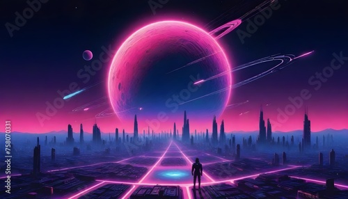 A large pink planet dominating the skyline over a futuristic landscape with neon pink and blue colors