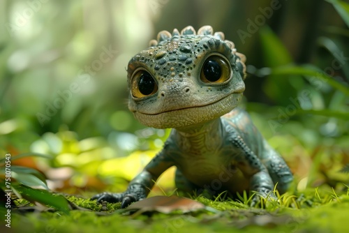 A cute baby dinosaur with big eyes  in the background is an ancient forest