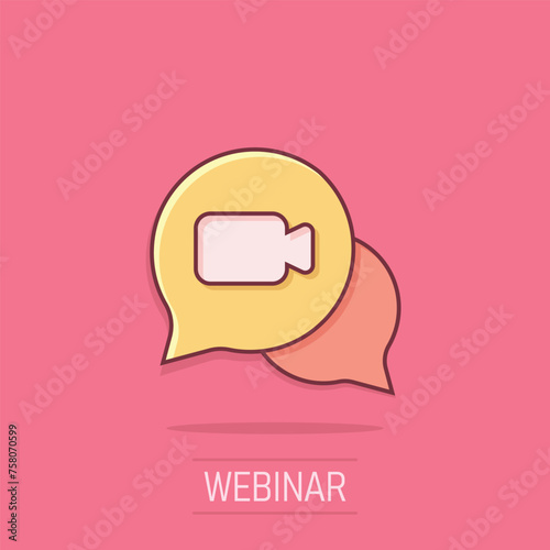 Live webinar icon in comic style. Online training cartoon vector illustration on isolated background. Conference stream splash effect sign business concept.