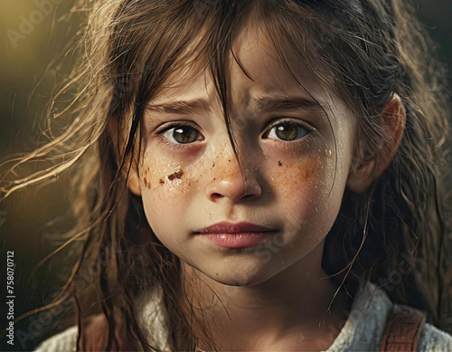 Close up no rosto sujo, de uma criança, menina, com expressão triste, com cabelos bagunçados.