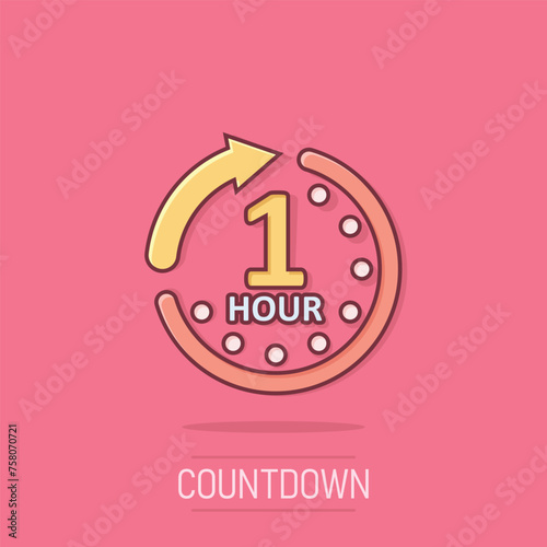1 hour clock icon in comic style. Timer countdown cartoon vector illustration on isolated background. Time measure splash effect sign business concept.