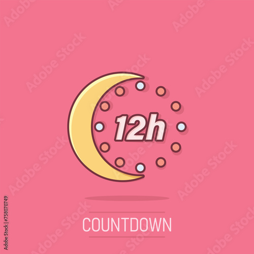 12 hours clock icon in comic style. Timer countdown cartoon vector illustration on isolated background. Time measure splash effect sign business concept.
