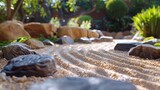 Zen garden with carefully arranged stones and raked sand, inspiring tranquility and inner peace.