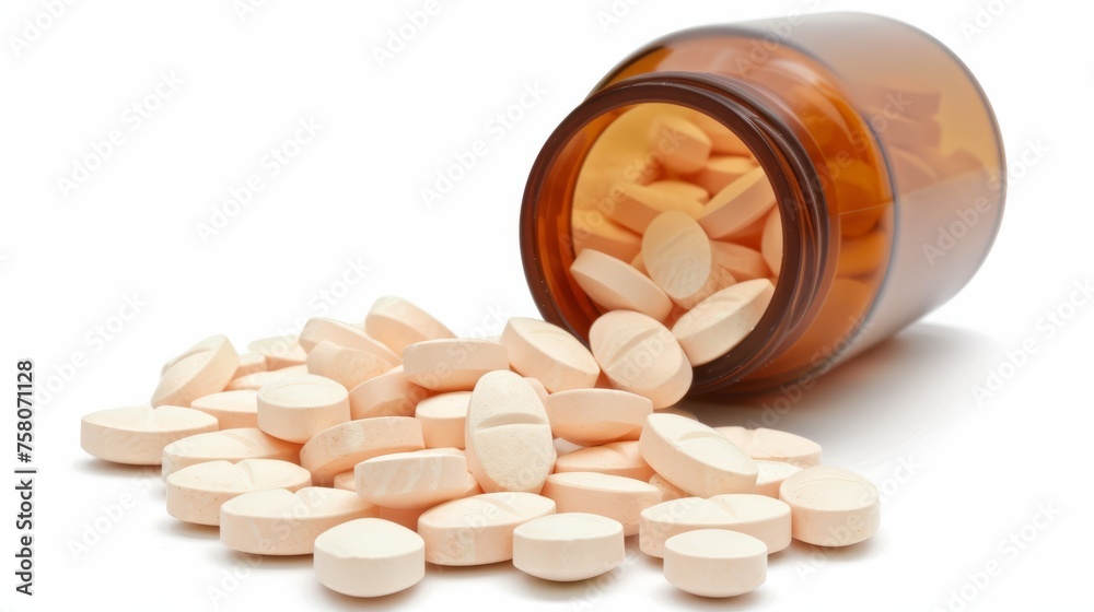 Close up opened brown glass bottle with white pills resting on a white background. Concept of medicine healthcare and pharmaceutical Close up opened brown glass bottle with white pills resting on a white background. Concept of medicine healthcare and pharmaceutical