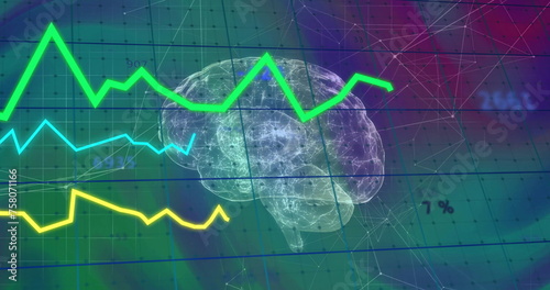 Image of graphs, changing numbers and connected dots over digital human brain