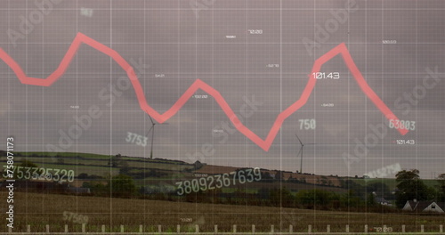 Image of financial data processing over wind turbines on field