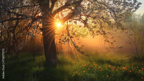 Blask promieni słońca przebijające się przez drzewo - Generative AI photo