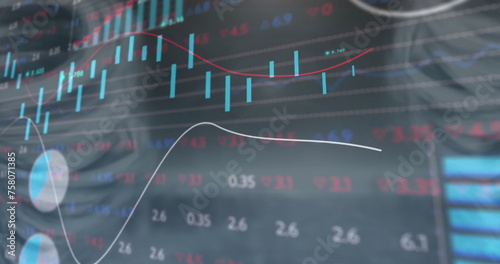 Image of stock market and diagrams on black background