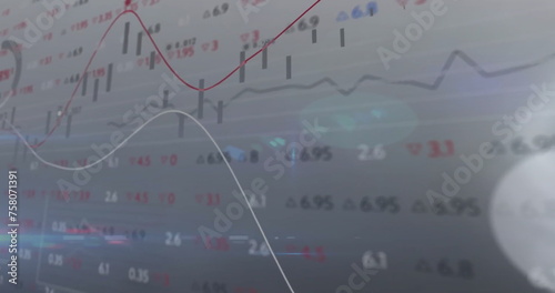 Image of stock market, diagrams and data processing on gray background