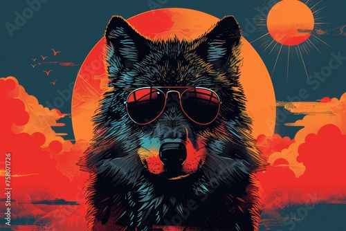 A black wolf wearing aviator sunglasses.