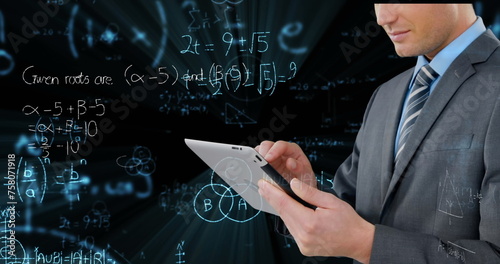 Image of data processing and mathematical equations over businessman using tablet