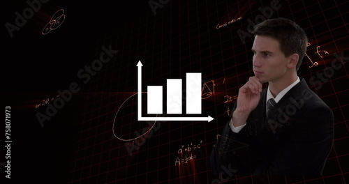 Image of data processing and mathematical equations over businessman touching screen