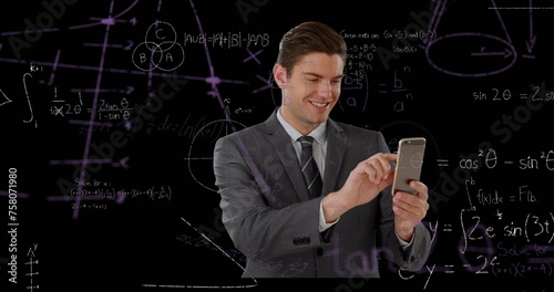 Image of data processing and mathematical equations over businessman using smartphone