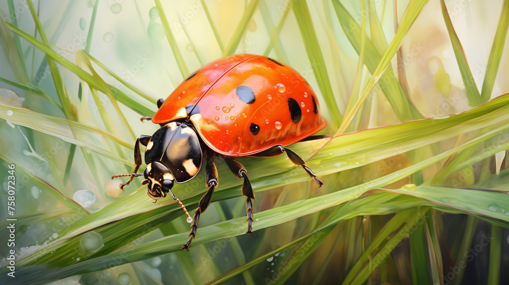 Obraz premium A macro watercolor illustration of a ladybug crawling on a blade of grass.