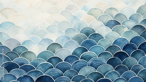 A watercolor painting of Elegant and soothing pattern of scallop shells in shades of blue. photo