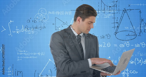 Image of caucasian businessman over mathematical equations on blue background