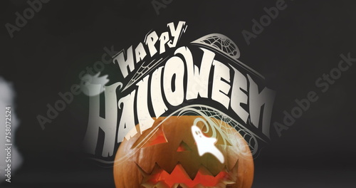 Happy halloween text banner and multiple ghosts icons against smoke effect over halloween pumpkin