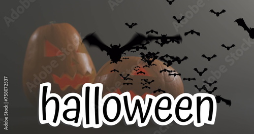 Halloween text banner and multiple flying bat icons over halloween pumpkins against grey background