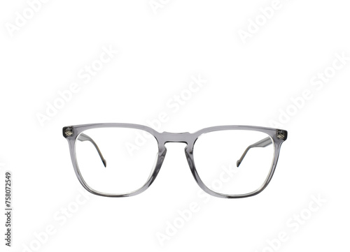 Pair of glasses with a grey frame isolated on a plain white background. Front view. Copy space.