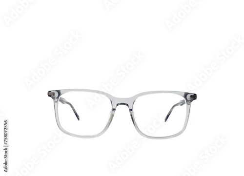 Pair of glasses with a bue frame isolated on a plain white background. rear view, Copy space.