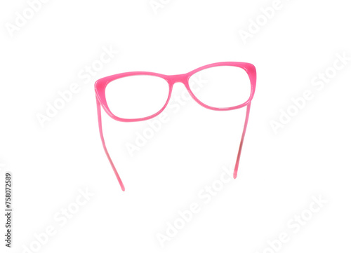 Pair of stylish glasses with a pink frame isolated on a plain white background. Copy space. © Cerib