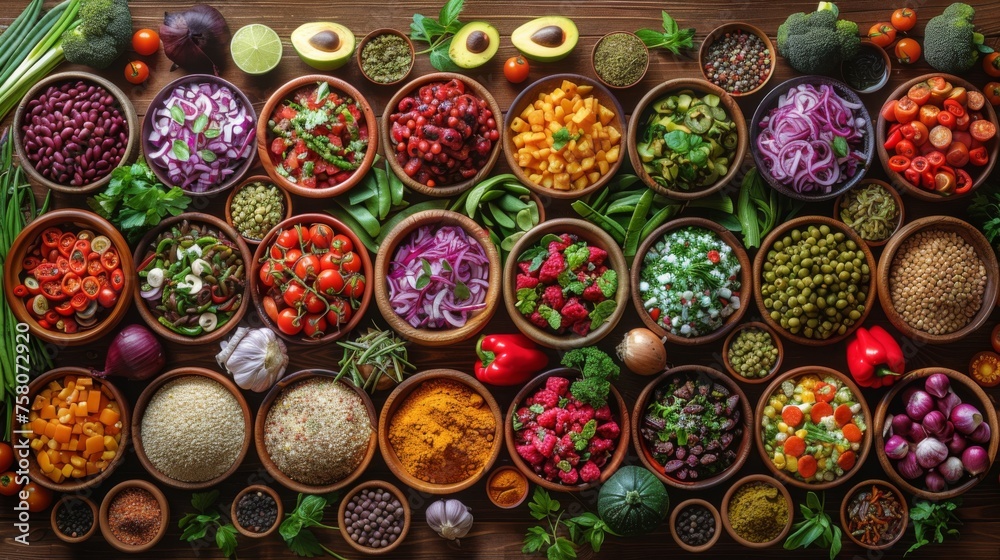  A culinary mosaic of whole food ingredients, including crisp vegetables, plump tomatoes, and creamy legumes, carefully presented in terracotta bowls, inviting a celebration of vegan diversity...