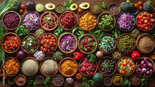  A culinary mosaic of whole food ingredients, including crisp vegetables, plump tomatoes, and creamy legumes, carefully presented in terracotta bowls, inviting a celebration of vegan diversity...