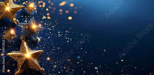 Golden garland in the shape of stars on a dark blue background with empty copyspace for text for Christmas, New Year