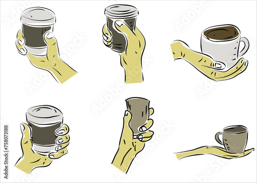 hand drawn set of  hand holding a cup of coffe