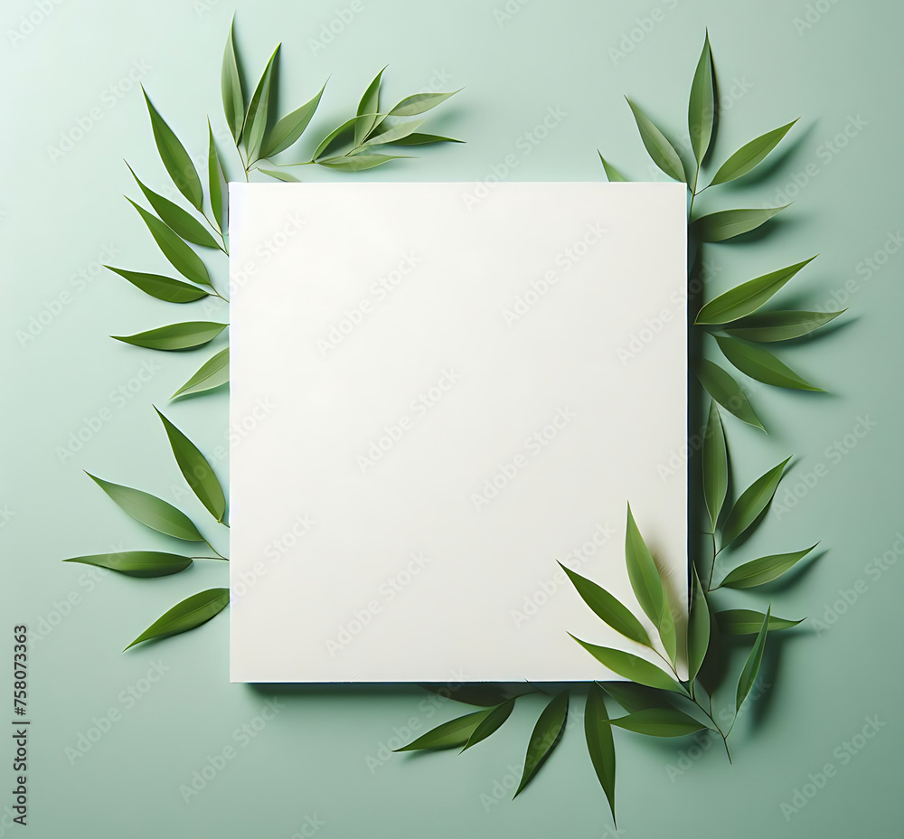 Empty white paper with bamboo leaf beside the paper. Greeting card template, invitation card Concept Empty white paper with bamboo leaf beside the paper. Greeting card template, invitation card Concept