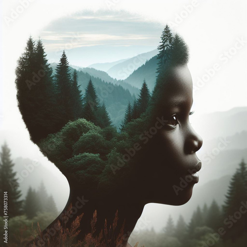 Double exposure image of a boy s head with trees and mountains in the background.