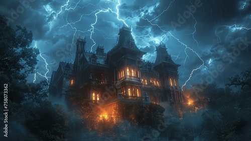 A haunted mansion atop a hill, lightning revealing hidden horrors