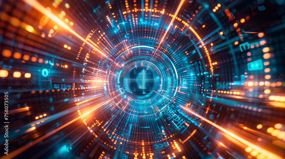 Futuristic cybernetic portal with glowing neon lights and digital elements Futuristic cybernetic portal with glowing neon lights and digital elements