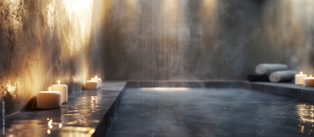 Elegant luxury spa area near a bathtub pool with folded fluffy white towels in a spa in soft colors, with softly lit candles around and flowers and plants nearby