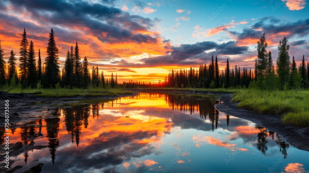 Tranquil mountain landscape, vibrant sunset sky reflecting in peaceful lake, a serene evening scene