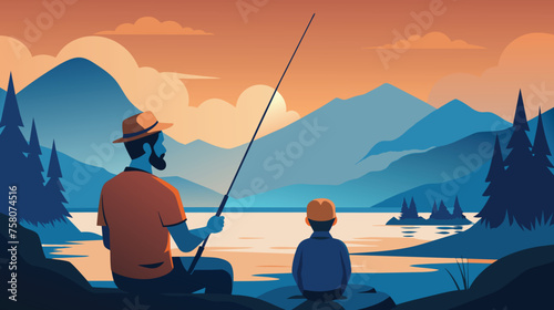 Man and Boy Fishing in a Lake