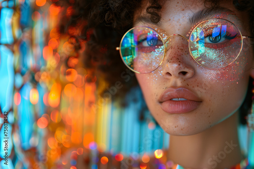 Mix raced woman wearing glasses in front of a rainbow background