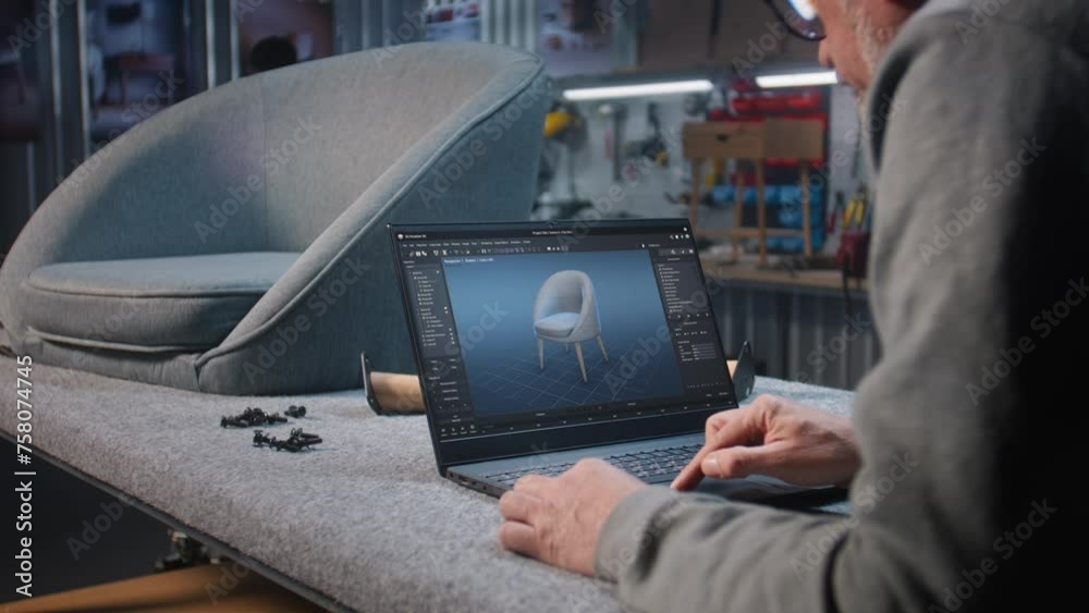 Creative man uses professional Ai software for furniture design and 3D modeling working on laptop in workshop. Male designer creates digital 3D model of stylish wooden chair, prepares carpentry