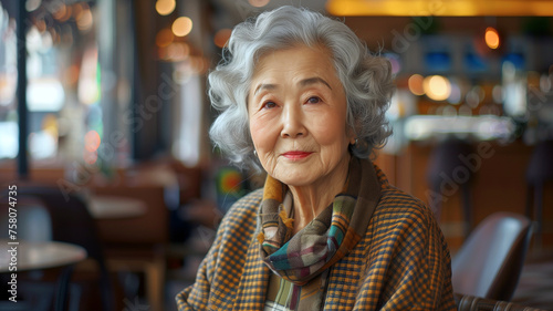 Portrait of senior asian woman smiling in coffee shop