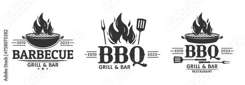 BBQ logo set. Barbecue, grill icon with fire flame. Meat restaurant label. Vector illustration.