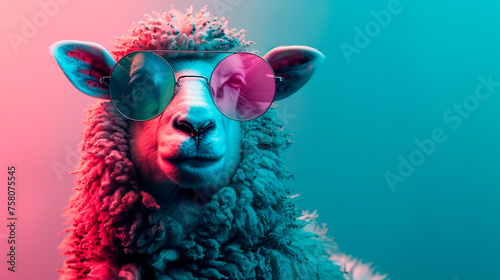 a sheep wearing sunglasses in front of a colorful background