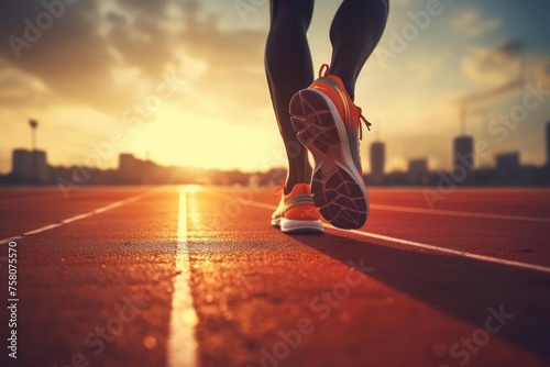 Running shoe of athletic runner training in stadium at sunset, preparing for sports competition, Summer Olympic games in Paris, France