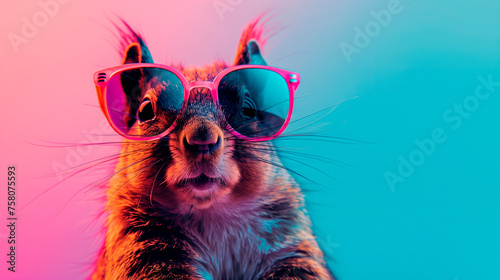 a squirrel wearing sunglasses in front of a colorful background
