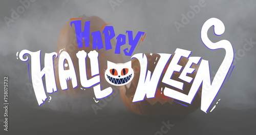Happy halloween text banner against against smoke effect over pumpkin against grey background