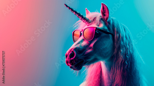 an unicorn wearing sunglasses in front of a colorful background
