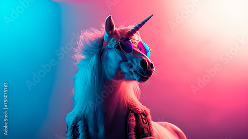 an unicorn wearing sunglasses in front of a colorful background