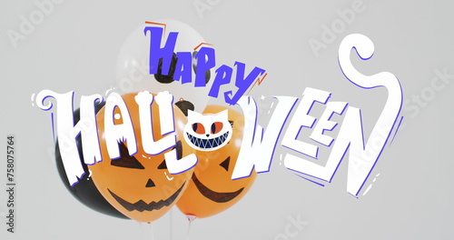 Happy halloween text banner over halloween pumpkin printed balloons against grey background